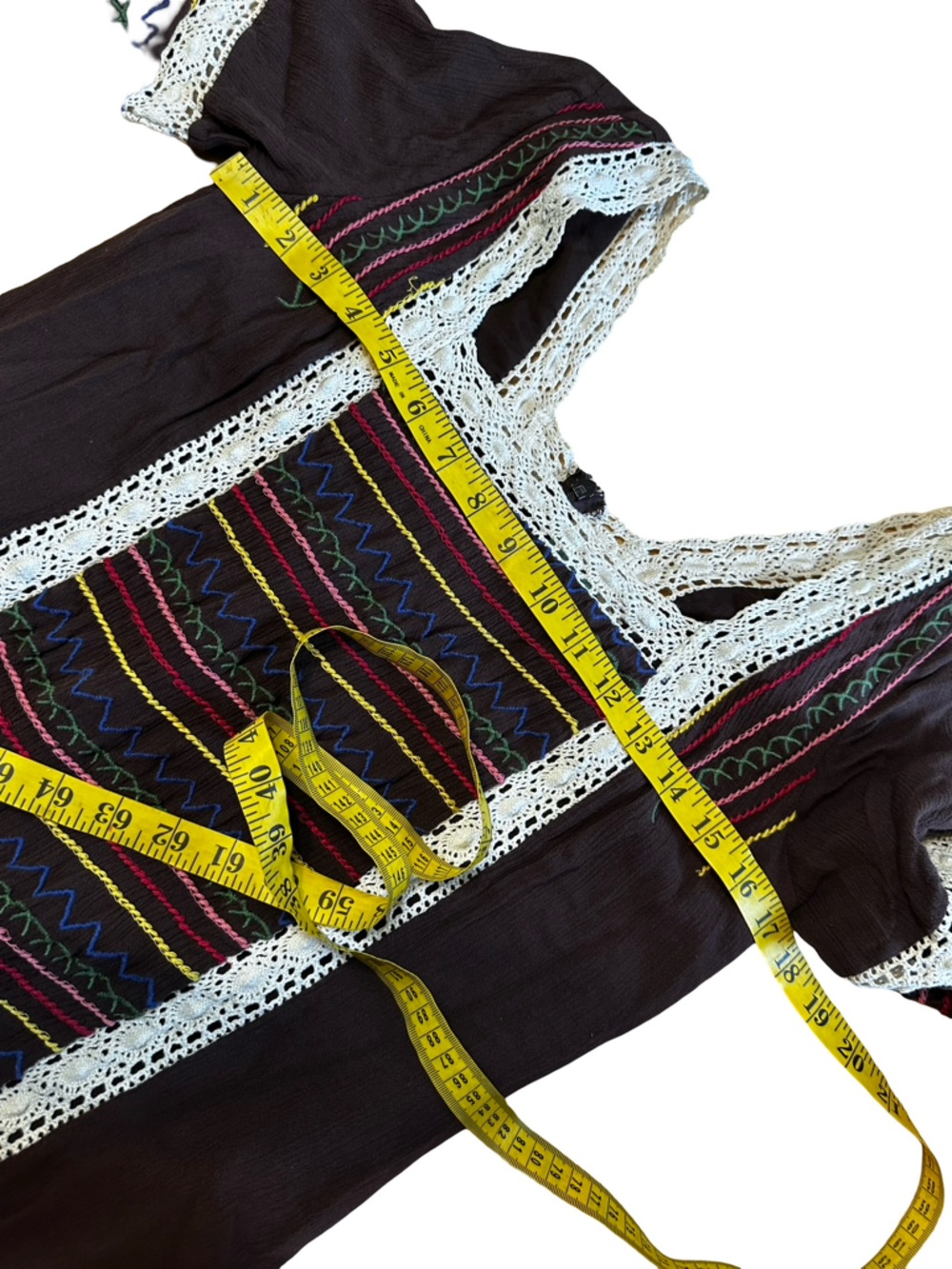 Judith March Boho Embroidered Mini Dress Sz S Brown Lace Peasant Sleeve Festival - Picture 9 of 10